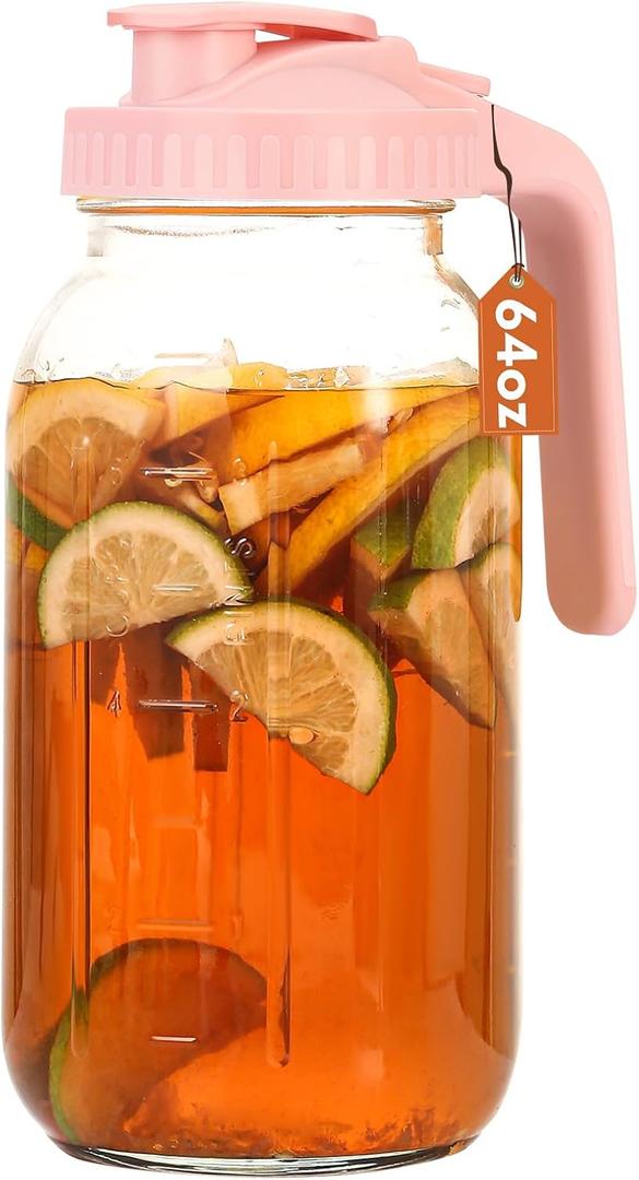 Glass Pitcher with Lid, 64 OZ Mason Jar Pitcher Double Leak Proof, 2 Quart Breast Milk Storage Containers for Fridge, Wide Mouth Glass Jar for Sun Tea, Juice, Cold Brew Coffee (Pink)