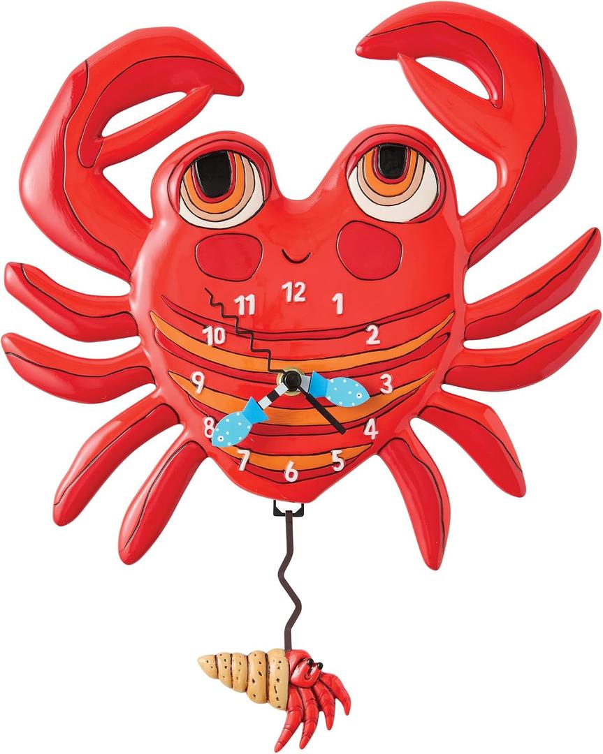 Enesco Allen Designs Lil' Crab Battery-Operated Pendulum Wall Clock, 10.91 Inch, Red