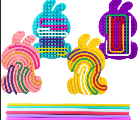YQUQWN 4 Pcs Bunny Sensory Activity Board Double Sided Silicone Sensory Fidget Toys with 24 Strings for Kids, Adults Calming for ADHD, Autism, Anxiety for Easter Stuffers, Bulk Party Favors