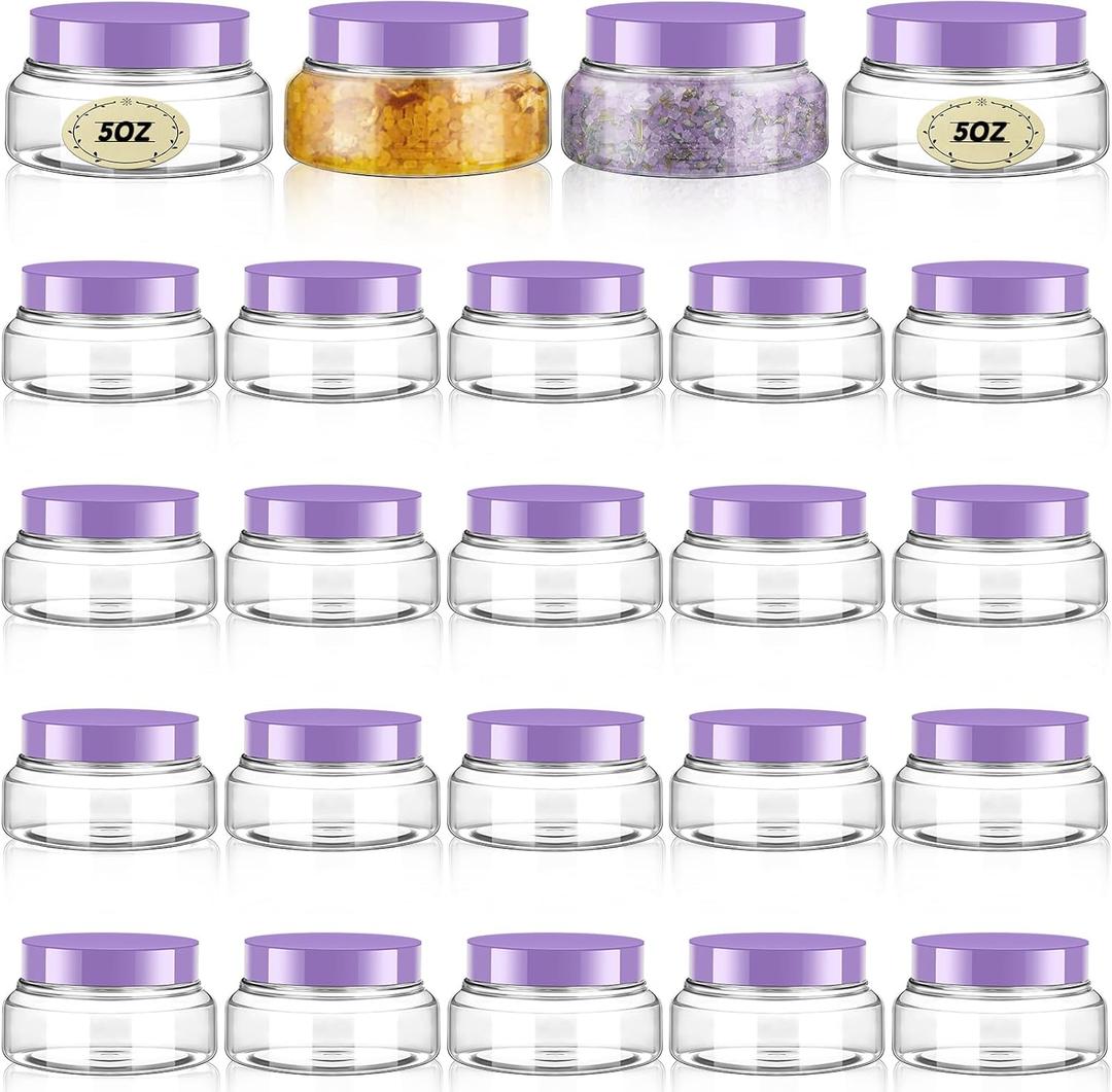 Tessco for you 24 Pack Plastic Jars with Lids Labels Multiuse Slime Containers Empty Body Scrub Jars Round Refillable Cosmetic Body Butter Containers for Makeup Travel Storage(5 oz,Clear, Purple)