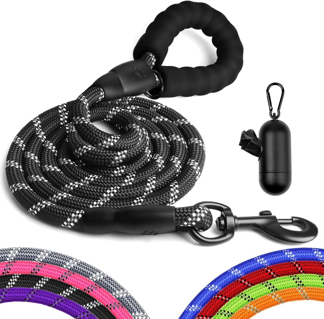 Heavy Duty Dog Leash for Large Medium Small Breed Dogs, Reflective Rope Dog leashes with Comfortable Handle,4/5/6 FT Pet Puppy Leash for Night Walking with Poop Bag Holder,Black,1/2 inch