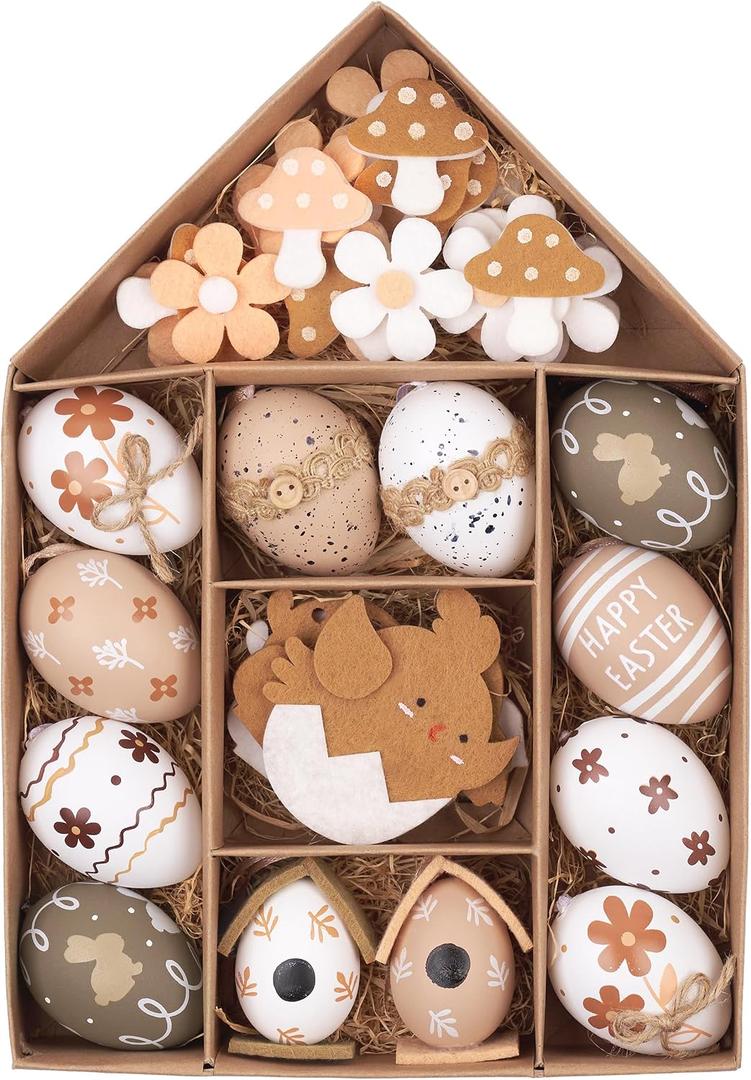 Valery Madelyn 40Pcs Easter Eggs Tree Ornaments, Nature Beige White Plastic Easter Egg Bulk Tree Decoration, Shatterproof Decorative Hanging Egg for Easter Decorations Spring Holiday Party Decor