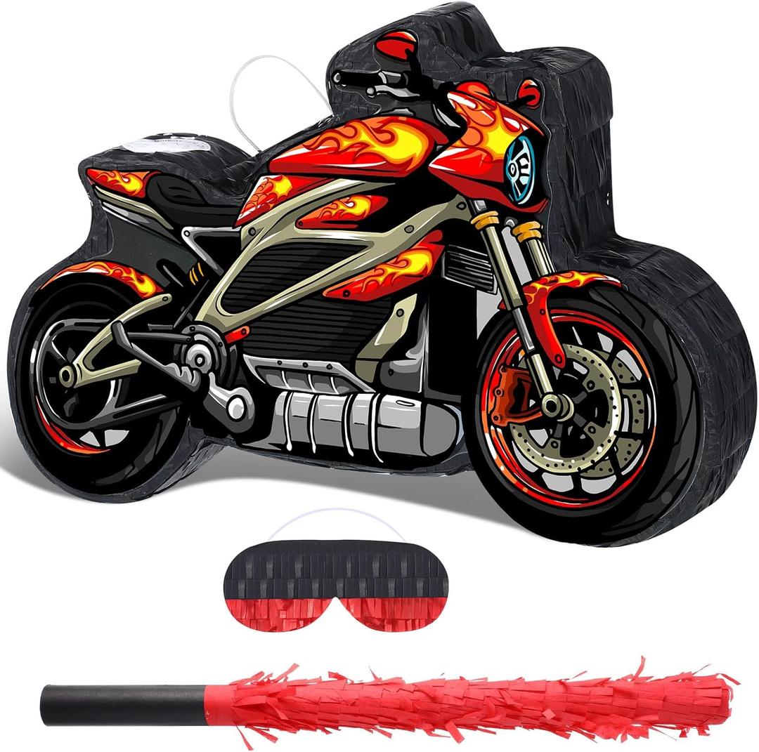 Shappy 3D Train Piata Red Motorcycle Piata Small Race Car Birthday Decor with Blindfold Stick Confetti Railroad Bike Car Party Decorations for Racing Theme Birthday Favors Supplies(Red motorcycle)