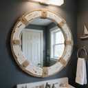 24" Nautical Rustic Coastal Wood Distressed Brown Round Wall Mirror Decor