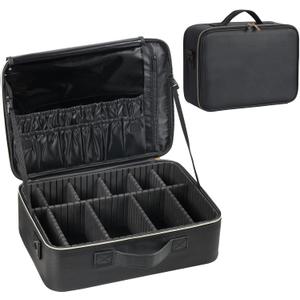 Makeup Travel Case, 16 Inch Makeup Artist Bag with Compartment and Dividers, Portable Cosmetic Bag for Women with Brush Storage Sturdy Dual Zip Closure, Waterproof, Durable, Gift for Her, Black (Extra Large)