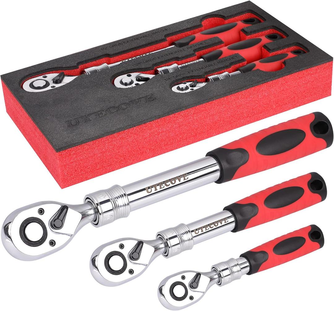 3-Piece Extendable Ratchet Set, 1/4 3/8 1/2 Inch Extendable Socket Wrench, Ratchet Wrenches Set 72-Tooth Quick-Release, Soft Grip Handle with Storage Tray