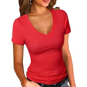 PALINDA Women's Short Sleeves Ribbed Fitted Shirt Basic V Neck Slim T Shirt Tops, Red