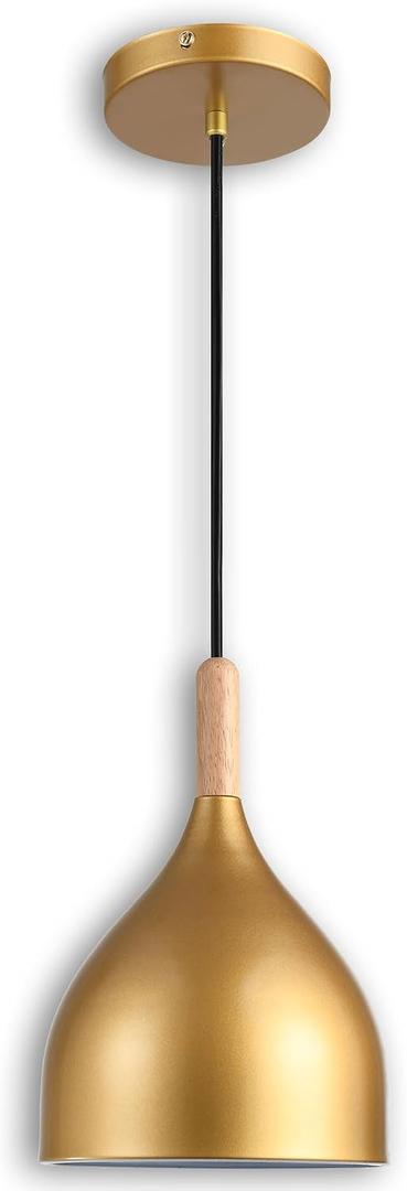 Modern Pendant Light, 6.6"x6.6"x7" Iron Hanging Fixture with Warm Oak Woodgrain, 15"-72" Adjustable Cord, E26 Socket, 4.7" Ceiling Canopy for Dining Area, Bedroom Golden Oak