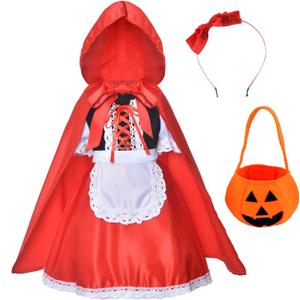 Little Red Riding Hood Dress Christmas Cosplay Costumes for Girls With Cloak,Headband,Bag 4T-5T(110cm)