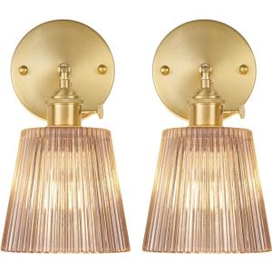 Vintage Wall Sconces Set of 2 with Amber Stripe Glass Lampshade 180 Degree Adjustable Brass Sconces Hradwired Modern Wall Lighting Fixture with Switch for Bedside Bedroom Doorway (Hardwired (2 pack))
