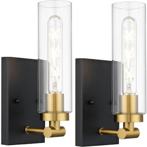 Emak Black and Gold Wall Sconces Set of Two, Modern Wall Sconce with Clear Glass Shade, Farmhouse 2 Light Bathroom Vanity Light for Living Room, Bedroom, Gallery, WS086-BKBGD-CG-2PK