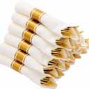 N9R 50 Pack Pre Rolled Gold Plastic Cutlery Set, Wrapped Plastic Silverware Set with 50 Forks, 50 Knives, 50 Spoons and 50 Napkins, Disposable Cutlery Set for Party and Wedding