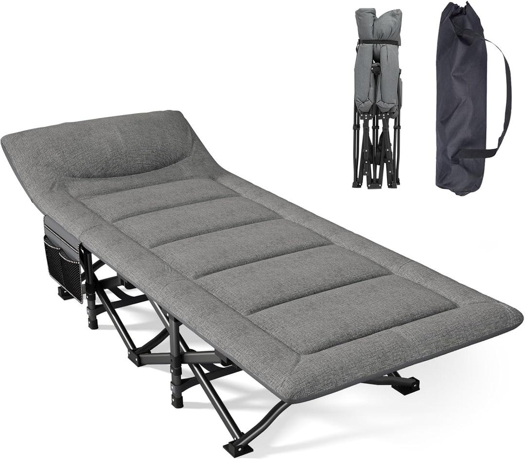 Mopaicot Camping Cot, Folding Cot Bed for Adults with Built-in Mattress and Pillow, Portable Outdoor Sleeping Cot for Camping and Travel, with Carry Bag, Grey, Max Load 450 LBS