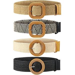 WILLBOND 4 Pcs Straw Woven Belt Elastic Stretch Rattan Buckle Waist Belt Women Skinny Raffia Dress Waist Band(Retro Color,Large)