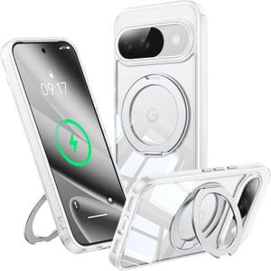 360Spin Magnetic Stand Case for Pixel 10/10 ProFit for MagSafe & Pixelsnap Cover with Ring HolderCrystal Clear Camera Protection Phone Google 10/10 Pro Cases - Clear