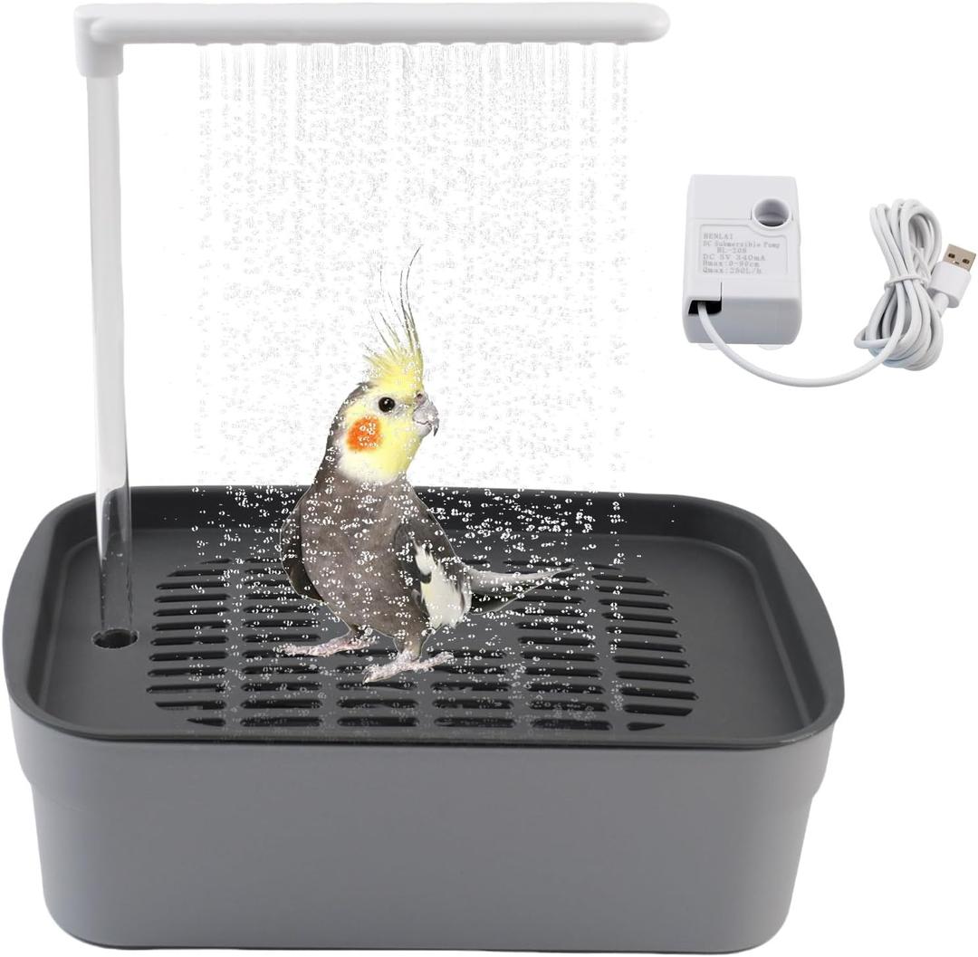PINVNBY Automatic Bird Bath Shower for Cage,Parrot Bath Box with Pump,Parakeet Bathtub Electric Fountain Circulating Water Contains USB Power Plug for Cockatiel Lovebird Conure Budgie(Gray) (Grey)