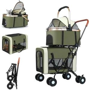 3 in 1 Folding Dog Stroller, 4 Wheels for Small/Medium Dogs, Cat Stroller w/Removable Travel Carrier for Small/Medium/Large Pet, Waterproof Pad, Car Seat, Sun Shade (Green)