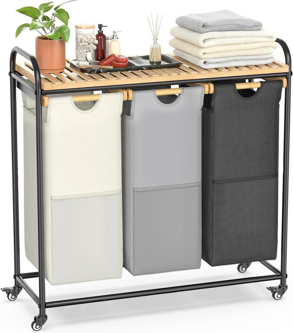 Laundry Hampers 3 Section, Laundry Sorter with Removable Shelf and Pull-Out Bags, Rolling Cart Clothes Hampers Basket with Wheels for Laundry Room Bathroom, 3 x 45 L (Black Beige Gray)