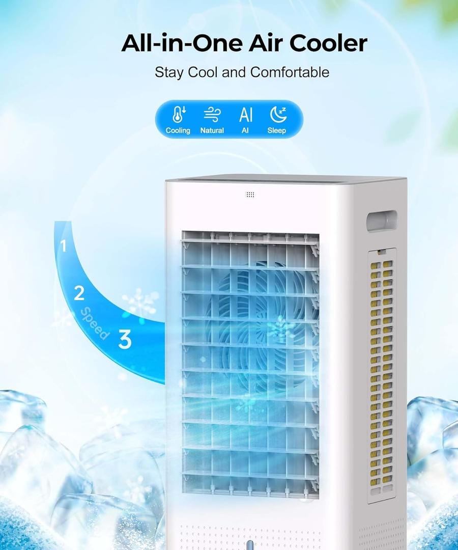Evaporative Air Cooler Portable: Fans That Blow Cold Air for Room, Bedroom, Indoor, Office - Swamp Cooling Fan with 19ft Remote, 12H Timer, 30dB Quiet, 3 Speeds, 2.1Gal Water Tank, Ice Pack