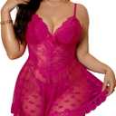 Women Plus Size Babydoll Lingerie Lace Chemise Mesh Sleepwear Strappy Sexy Nightgown Boudoir Outfit (Rose Red Print, L)