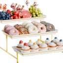 3-Tier Melamine Serving Tray Set, 14"x7" Platters for Serving Food, White Reusable Trays with Golden Metal Display Stand for Cupcakes, Sevring Food, Dessert, Fruit, Cookie, 24K Gold-Plated