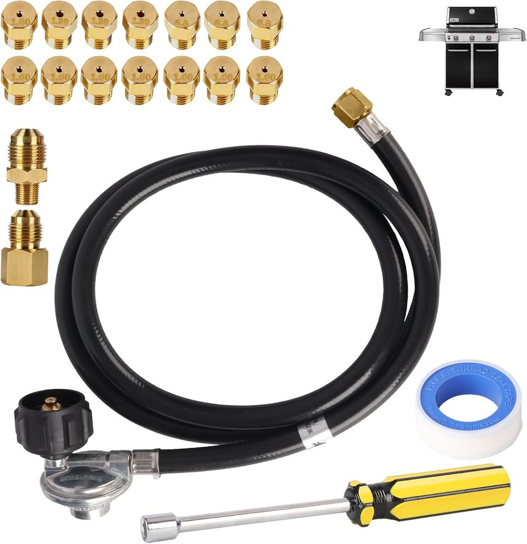Natural Gas to Propane Conversion Kit for Weber Genesis I/II E/S-210 310 330 410 610,SX/EX/SE-210/310/315,Spirit II 210/310/315,5FT Propane Regulator Hose with 14 LP Orifices (3 Sizes) & 3/8" Fittings