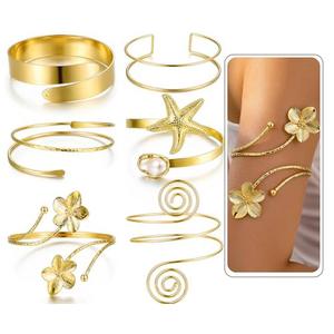 17KM 6PCS Gold Arm Cuff Bracelets for Women, Boho Statement Gold Upper Arm Bangle Band Armlet, Open Adjustable Cuff Bracelet set Stackable Jewelry