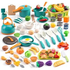 120Pcs Mini Play Kitchen Accessories, Kids Pretend Cooking Playset with Desserts, Cuttable Veggies & BBQ & Storage Basket, Educational Role-Play Gift for Toddlers, Child, Green