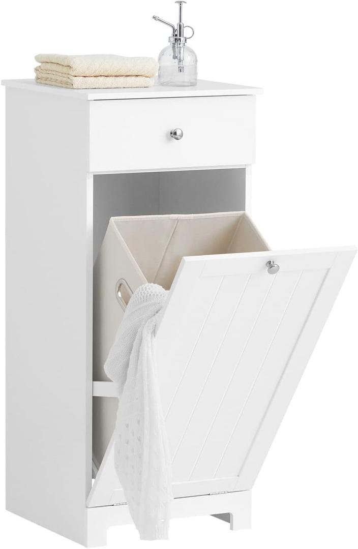 SoBuy Slim Tilt-Out Laundry Hamper Cabinet, Small Pull-Out Bathroom Storage Unit with Shelf & Drawer, Narrow Hidden Basket Chest Bath Cupboard, White BZR21-W, 15"D x 15.7"W x 35.4"H