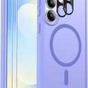 Ezanmull for Samsung Galaxy S25 FE Case Magnetic Shockproof, [Fit for MagSafe] [Glass Screen Protector + Camera Lens Protector] Translucent Anti-Fingerprint (Light Purple)
