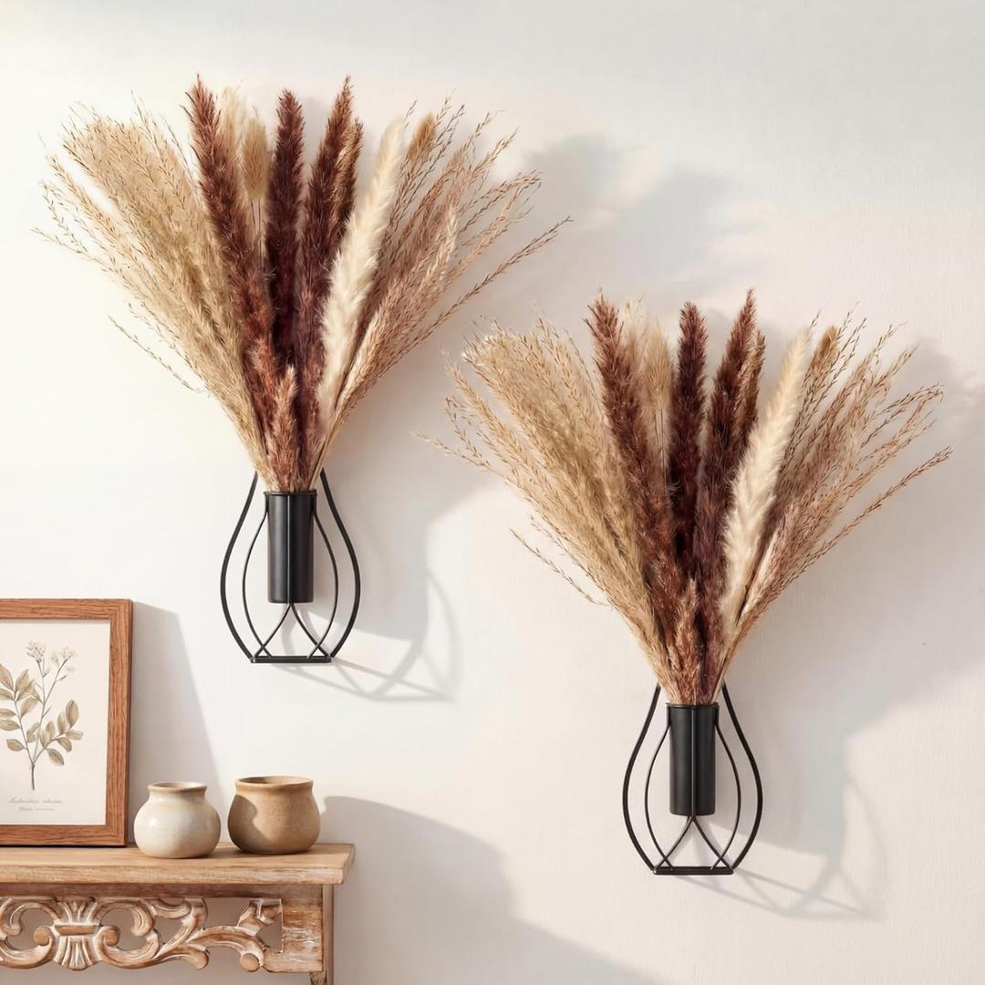 Otoolling Boho Wall Decor Set of 2  Metal Hanging Wall Art with Faux Pampas or Eucalyptus,Minimalist Bohemian Accent for Living Room, Bedroom, Entryway(Black,Pampas)