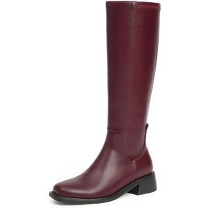 Knee High Boots Women Faux Leather Elastic Boots Low Heel Square Toe Side Zipper Fall Long Tall Boots for Women (8.5, Burgundy)