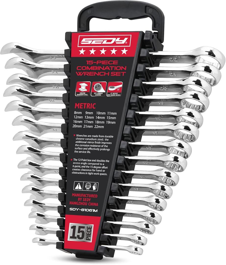 15-Piece Metric Combination Wrench Set, 822mm 12-Point Open End and Box End Wrench Kit with Organizer, Chrome Vanadium Steel Tools for Mechanics, Garages and Workshops