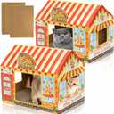 2 Pack Cardboard Cat Houses with Scratcher, 16.5''x12.25''x15'' Cat Hideaway Playhouse, Kitty Scratching Beds for Indoor Cats, Pizza Shop Cat Furniture Condo Cave Tent for Bunny Small Animals