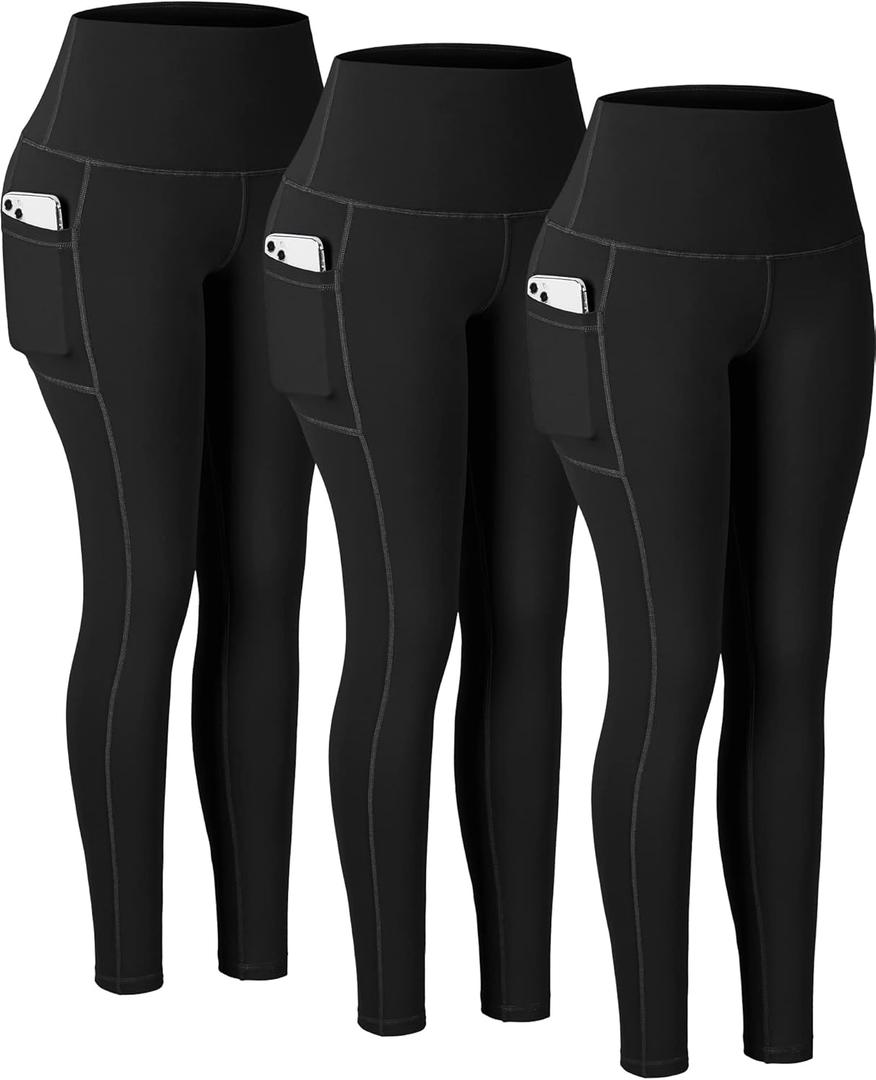 CHRLEISURE Leggings with Pockets for Women, High Waisted Tummy Control Workout Yoga Pants (Medium, 3 Packs - Black/Black/Black)