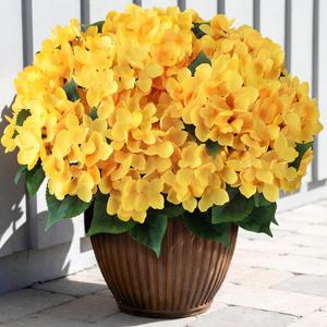 FOTEEWL 16 Bundles Artificial Hydrangea Flowers for Outdoor Decor, Realistic Faux Silk Bouquets Sun-Resistant Fake Plants for Front Door Balcony Farmhouse Garden Home Spring Summer Decor (Yellow)
