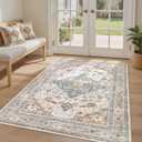 4x6 Area Rugs Washable Rug: Boho Large Neutral Vintage Soft Rug Stain Resistant Distressed Farmhouse Non-Slip Indoor Floor Carpet for Bedroom Entryway Nursery Kids Office Dining Room- Beige Blue