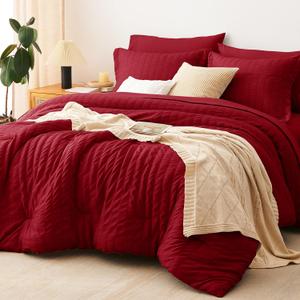 CozyLux Queen Comforter Set Dark Red Seersucker 7 Pieces Bed in a Bag Queen Comforter Set with Sheets, Luxury Soft Bedding Set with Down Alternative Comforter, Sheets, Pillowcases & Shams All Seasons
