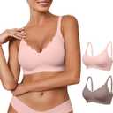 Womens Seamless Bras No Underwire Wireless Push Up Full Coverage Bra Scalloped V Neck T-Shirt Bra Comfort Bralettes(2P2, L)