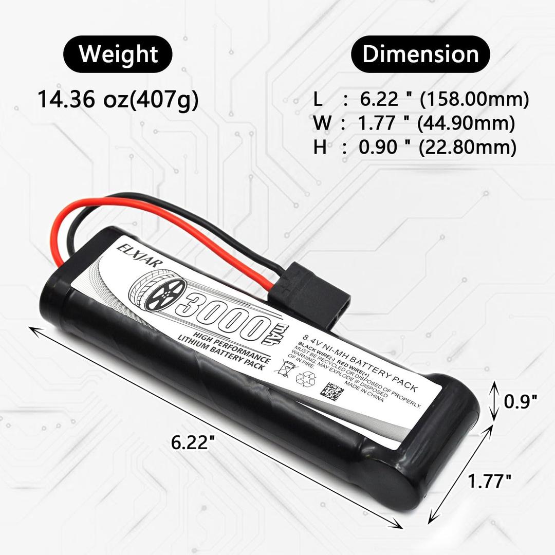 1 Pack 8.4V 3000mAh Ni-MH Battery with TRX Plug and Charger Replacement for RC Car Truck Boat Buggy Tamiya Traxxas Kyosho HPI LOSI