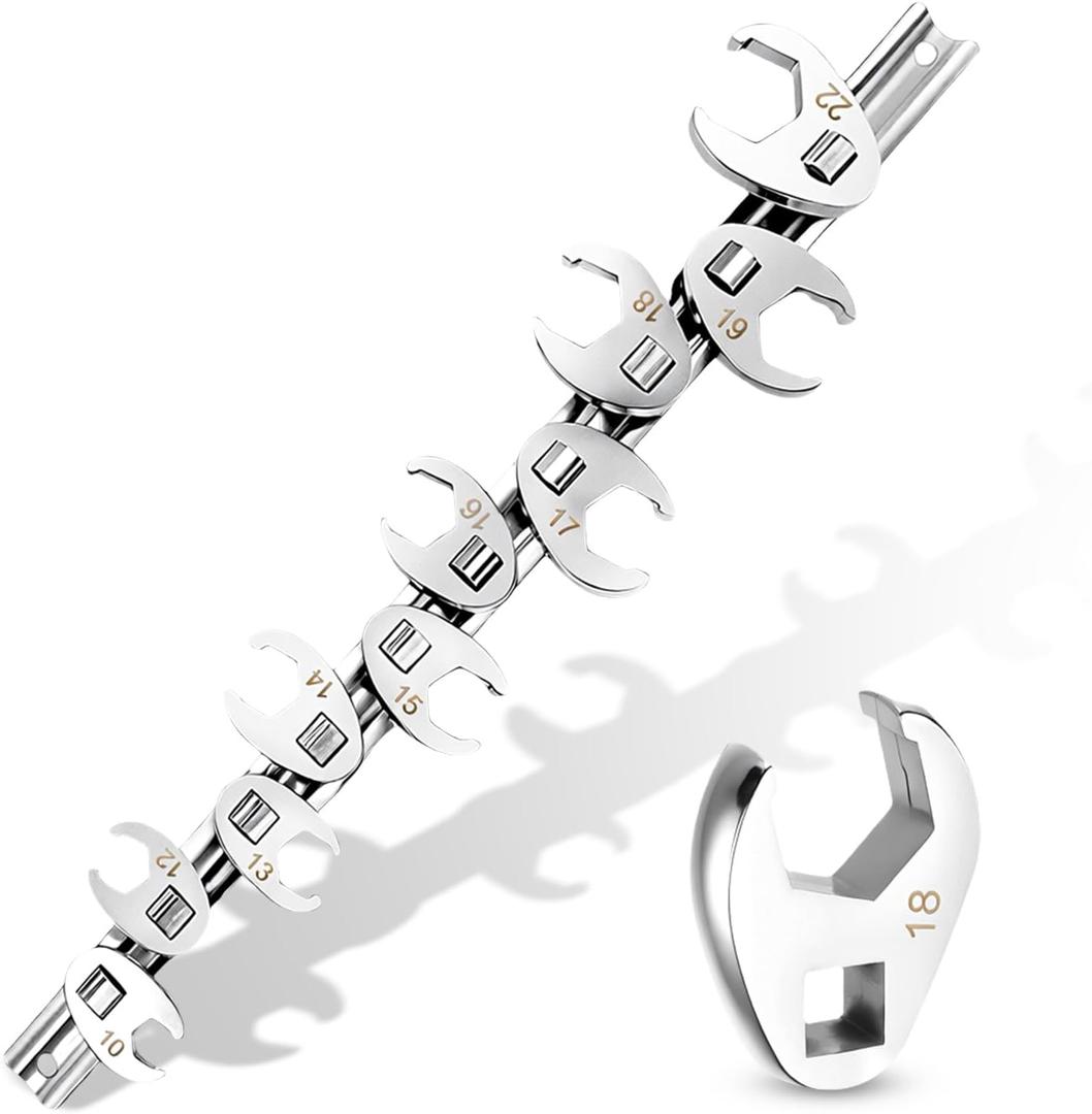 3/8" Drive Metric Crow foot Wrench Set 10-Piece 10-22mm, CR-V Steel Flare Nut Design, for Automotive & Plumbing Tight Spaces Access with Clip-On Organizer
