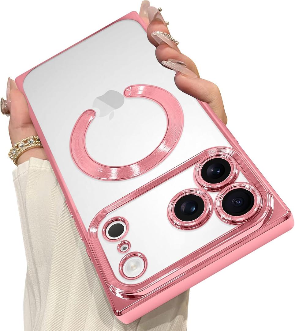 OOK Magnetic Case Made for iPhone 17 Pro Max 6.9 Inch (Compatible with MagSafe) Clear Phone Cover with Screen Protector Soft TPU Anti-Scratch Shockproof Protective Case for Women Men - Pink