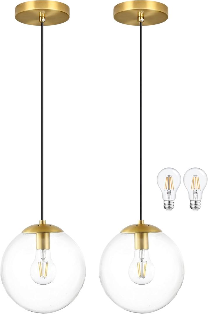 KoKo&Yukina 8" Clear Glass Pendant Lights Kitchen Island 2 Pack Modern Globe Pendant Light Mid-Century Modern Gold Pendant Light Fixtures for Dining Room Bedroom Entryway Hallway (Bulb Included), 8 inch - standard