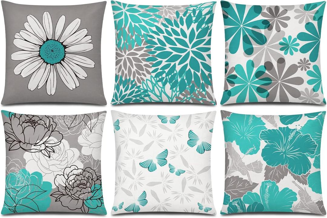 Teal Grey Pillow Covers 18x18 Set of 6 Decorative Daisy Flower Throw Pillow Cover for Couch Modern Turquoise Pillow Case for Patio Living Room Cushion Bed Farmhouse Home Decor