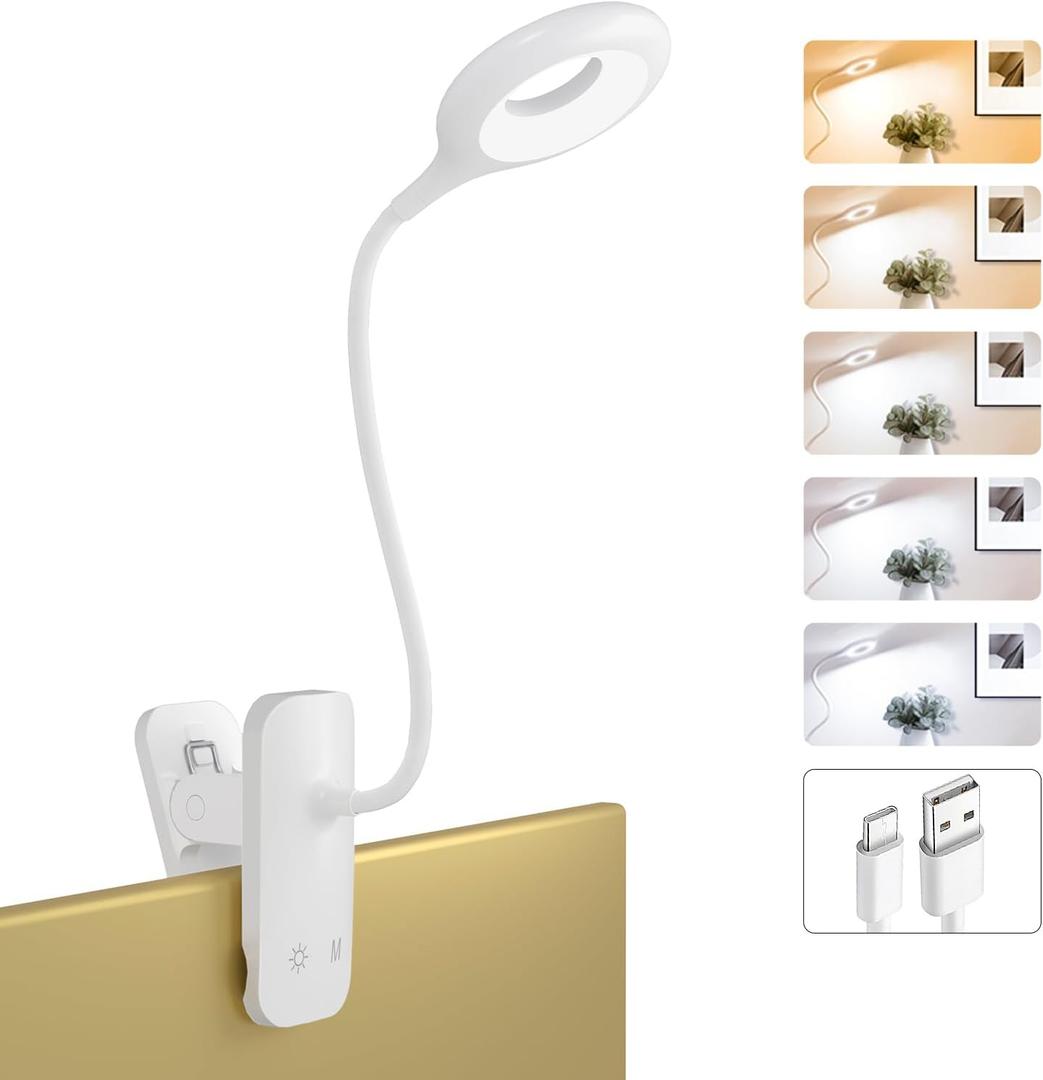 Clip on LED Reading Light, 25 Models USB Rechargeable Bed Lamp with Strong Clamp for Headboard, Eye Protection Portable Cordless Battery Lights for Bedframe Desk Table Home Office (White)