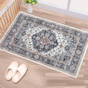 Machine Washable Rug 2x3 Vintage Design Boho Area Rugs for Living Room, Bedroom, Kitchen, Soft Non-Slip Foldable Large Indoor Carpet, Black Gray/Beige