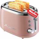 Mueller Retro Toaster 2 Slice with 7 Browning Levels and 3 Functions: Reheat, Defrost & Cancel, Stainless Steel Features, Removable Crumb Tray, Under Base Cord Storage, Pink