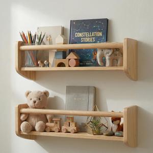 Nursery Bookshelf Set of 2, 16” Nursery Book Shelves Wall Mounted, Wooden Floating Shelves for Nursery Wall, Baby Book Shelf for Nursery, Kids Wall Bookshelf Organizer with Support Rod, Space Saving