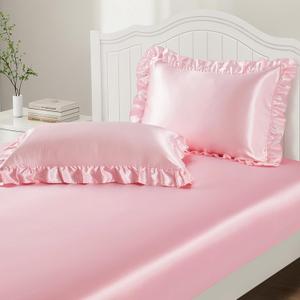 P Pothuiny 3-Piece Set Ruffle Satin Pillowcases & Full Fitted Sheet, Luxury Blush Pink Satin Fitted Sheet Silky Soft Cute Bedding Bedroom Dorm Decor, Wrinkle Free, 15 Inch Deep Pocket
