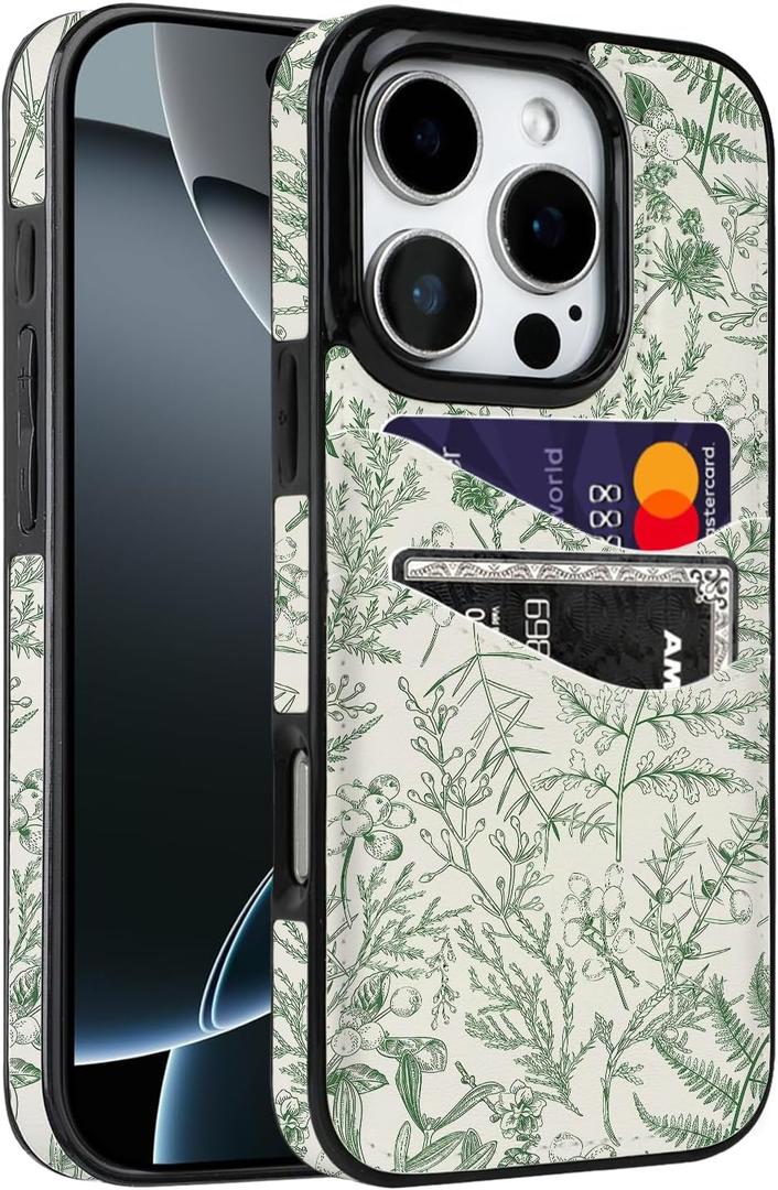 for iPhone 16 Pro 6.3 inch Case with Card Holder Soft Leather Wallet Case Protective Shockproof Hard Cover for Women Gilrs (Green Floral Flowers, iPhone 16 Pro 6.3 inch)